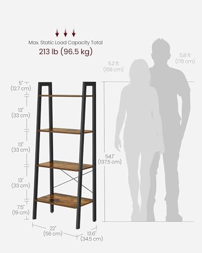 VASAGLE 4-Tier Ladder Shelf ULLS44X Floor Mount Steel Frame Rustic Brown and Ink Black