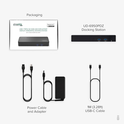 Plugable 12-Port USB Type C Docking Station UD-6950PDZ, 12 USB Ports, Triple HDMI Outputs, 100W Power Delivery, 5.8 x 3.4 x 9.1 Inches, Black