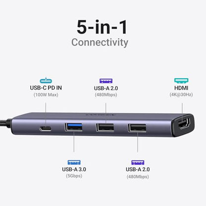 UGREEN USB C Hub 5-in-1 Multiport Adapter, 4K HDMI, 100W Power Delivery, 3 USB-A Data Ports, Grey