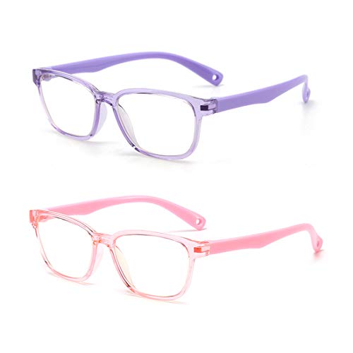 AHXLL Kids 2 Count Qsweet Blue Light Blocking Reading Glasses Transparent Purple and Pink