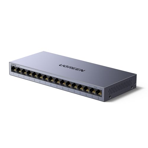 UGREEN 16-Port Ethernet Switch, Unmanaged Network Splitter, Self-Adjusting Ports, Metal Case, DC 12V Power Adapter