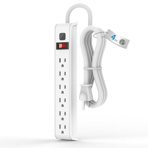 TiFFCOFiO 4 ft Surge Protector Power Strip 6 Outlets 600 Joules 15A 120 Volts