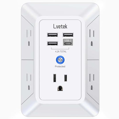 Lvetek 5 Outlet Extender QF-519F 125 Volts 15 Amps USB Wall Charger