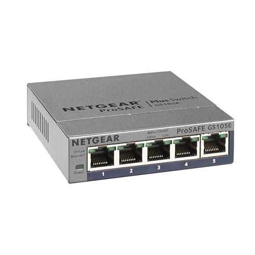 NETGEAR 5 Port Gigabit Ethernet Managed Switch GS105E-200NAS 12 Volts 1000 Mbps Plastic