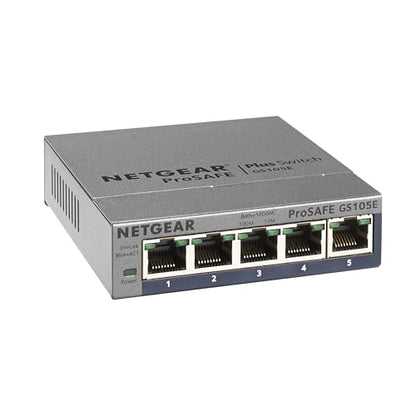 NETGEAR 5 Port Gigabit Ethernet Managed Switch GS105E-200NAS 12 Volts 1000 Mbps Plastic