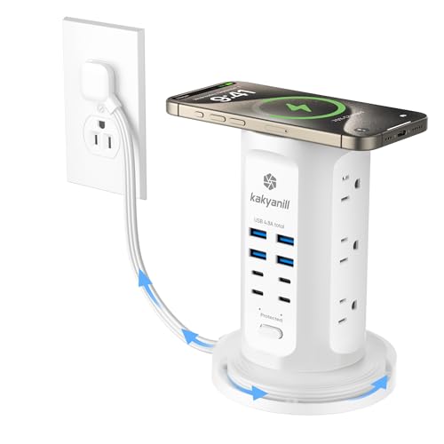 Kakyanill Surge Protector Power Strip Tower 9 AC Outlets 8 USB Ports 6 Ft Retractable Cord