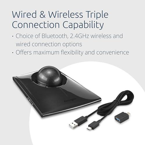 Kensington SlimBlade Pro Wireless Trackball, Bluetooth and USB Connectivity, Rechargeable Battery, Ambidextrous Design, 4 Programmable Buttons, Compatible with Windows, macOS, Linux, Black/Grey (K72085WW)