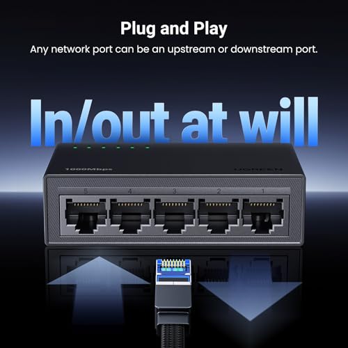 UGREEN 5 Port RJ45 Unmanaged Ethernet Switch, 1000 Mbps, Compact Network Device