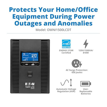 Tripp Lite OMNI1500LCDT 1500VA UPS Battery Backup 810W 10 Outlets AVR LCD Display