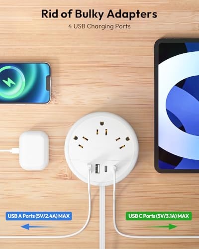 NTONPOWER Travel Power Strip NTON-APO-3A2U2C-US-WH-1.22M, 7 Outlets, 4 USB Ports, 125V-10A, Polycarbonate, White