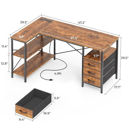 Huuger 47 inch L-Shape Computer Desk with Power Outlets, 3 Drawers, 2 Shelves, Rustic Brown