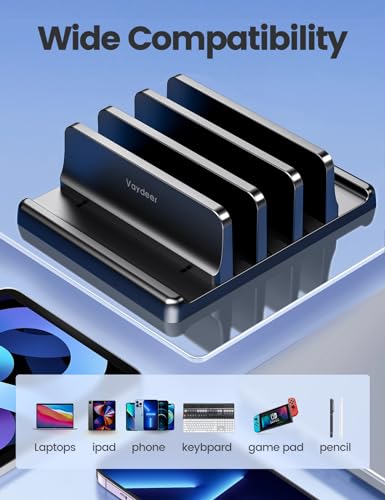 Vaydeer 3-Slot Vertical Laptop Stand Organizer, Adjustable Width, Tabletop Mounting, Rubber and Silicone Enclosure, Black, Model Xunli-0009