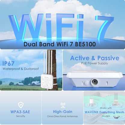 WAVLINK Dual-Band WiFi 7 BE5100 Outdoor Extender WL-WN573HBE2 5100 Mbps 300m RJ45