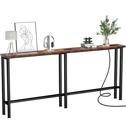 Keelian 78IN ST-78-01 Console Table with Power Outlets & USB Ports, Metal Frame, Rustic Brown