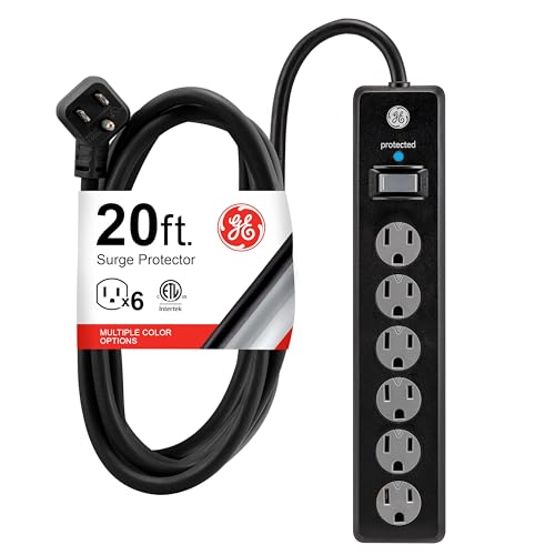 GE 6-Outlet Surge Protector with 20 Ft Extension Cord, 125 Volts, 800 Joules Protection, Model 50769