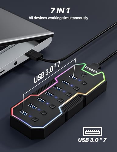 ZIUMIER USB Hub, 7 Ports, USB 3.0, 5Gbps, Black, Model L90