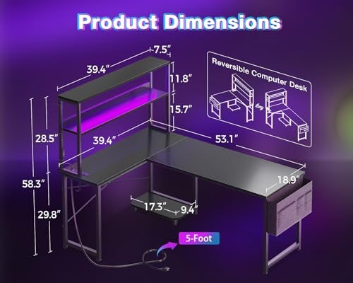 AODK 53 Inch L-Shape Computer Desk with Power Outlet and LED Light Strip, Black