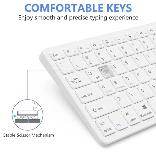 MMK Bluetooth Keyboard QWERTY Compatible with Android, iOS, Windows Devices, 78 Keys, Rechargeable Battery, Silent Operation, White