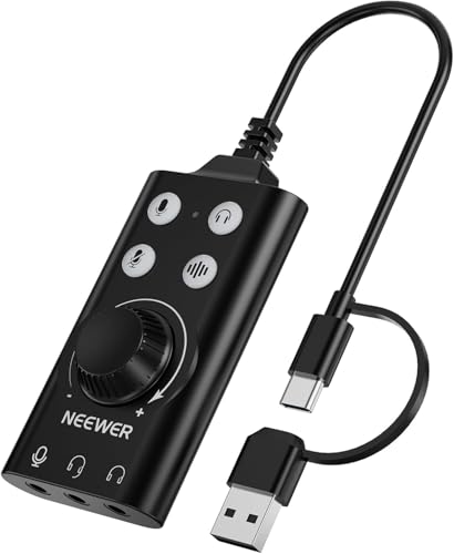 NEEWER PP07 USB C & USB A to 3.5mm External Sound Card, Portable Audio Adapter with Mute, Noise Cancellation, Volume & Gain Control