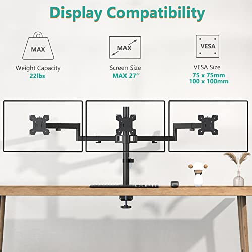 WALI M003S Triple Monitor Mount, Tabletop Mount, 13-27 inch Monitor, 22 lbs Capacity, Metal, Black