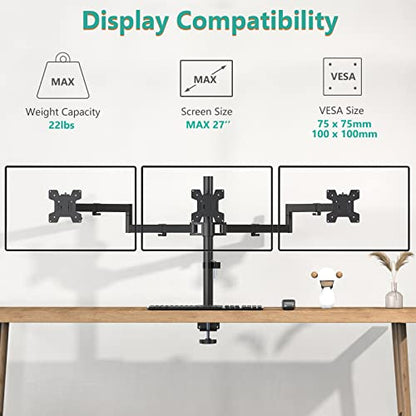 WALI M003S Triple Monitor Mount, Tabletop Mount, 13-27 inch Monitor, 22 lbs Capacity, Metal, Black