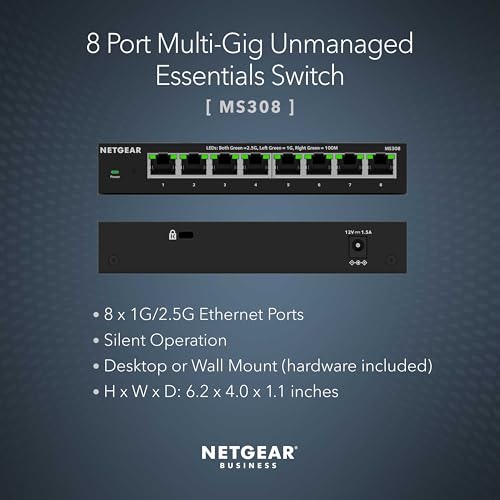 NETGEAR 8-Port 2.5G Ethernet Unmanaged Switch MS308 - 2.5 Gbps, RJ45 Interface, 12V DC, Metal Case, 1.7 lbs