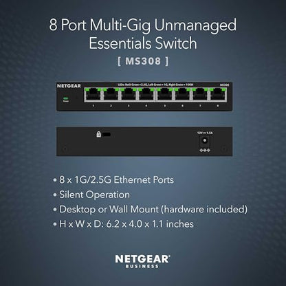 NETGEAR 8-Port 2.5G Ethernet Unmanaged Switch MS308 - 2.5 Gbps, RJ45 Interface, 12V DC, Metal Case, 1.7 lbs