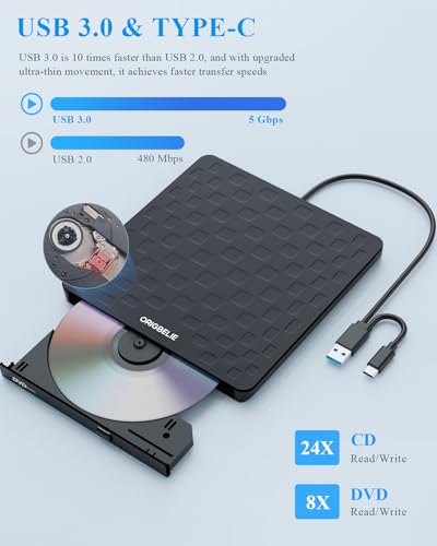 ORIGBELIE External Ultra-Slim Optical Drive TP520 24xCD 8xDVD USB 3.0
