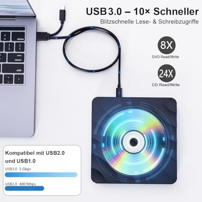 QDSYLQ External CD/DVD Drive XD 061 USB Type C 24X, 8X External Optical Drive