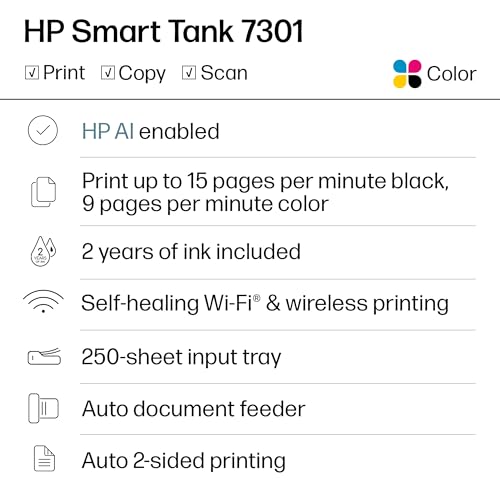 HP Smart Tank 7301 AIO Printer, Inkjet, Color, 4800x1200 dpi, 17 Pounds
