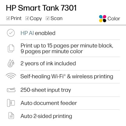 HP Smart Tank 7301 AIO Printer, Inkjet, Color, 4800x1200 dpi, 17 Pounds