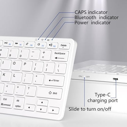 MMK Bluetooth Keyboard QWERTY Compatible with Android, iOS, Windows Devices, 78 Keys, Rechargeable Battery, Silent Operation, White