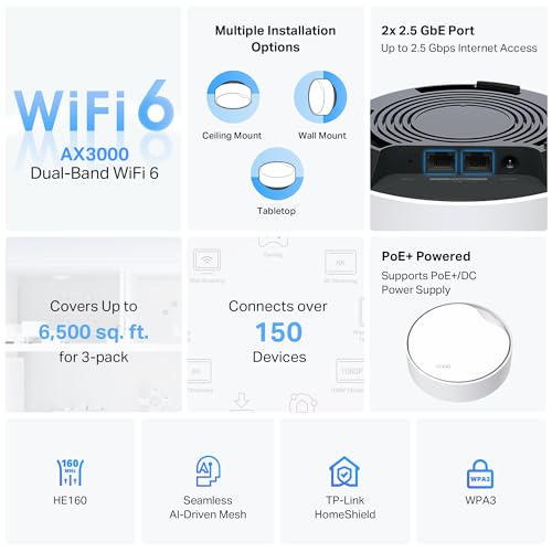 TP-Link Deco X50-PoE(3-Pack) Mesh WiFi System – Dual-Band, 3000 Mbps, Indoor, 3 Units
