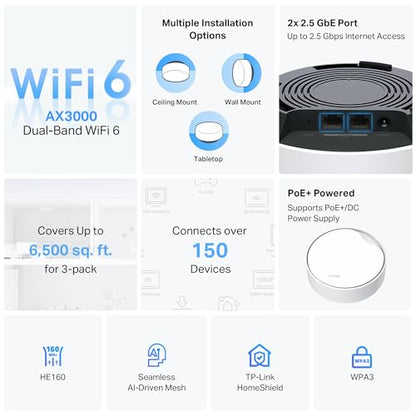 TP-Link Deco X50-PoE(3-Pack) Mesh WiFi System – Dual-Band, 3000 Mbps, Indoor, 3 Units