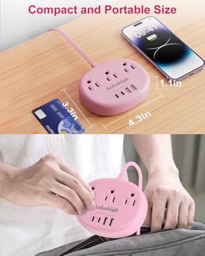 kakahigh 5FT 771-W Pink Extension Cord 125 Volts 1625 Watts Standard Power Strip with 3 AC Outlets and 4 USB Ports