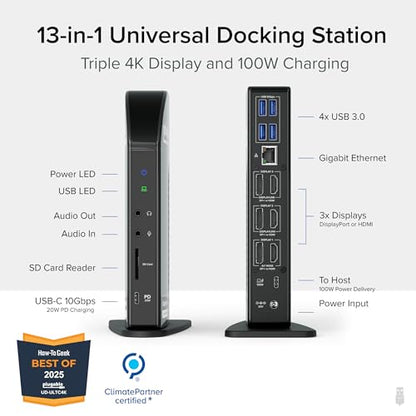 Plugable 13-Port USB-C Docking Station UD-ULTC4K | 4K Triple Monitor | 100W Power Delivery