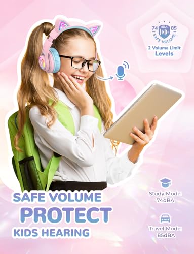 iClever BTH13 Over-Ear Kids Headphones, Wireless, Bluetooth 5.2, 50 Hours Playtime, 40mm Driver, 3.5mm Audio Cable, Pink