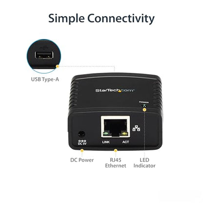 StarTech.com 1-Port USB 2.0 Network Print Server PM1115U2 10/100 Mbps TAA Compliant Wired Ethernet
