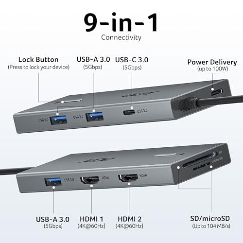 Acer 9-in-1 ODK4K0 Docking Station Dual Monitor HDMI USB 3.0 USB-C 100W PD Aluminum