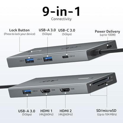 Acer 9-in-1 ODK4K0 Docking Station Dual Monitor HDMI USB 3.0 USB-C 100W PD Aluminum