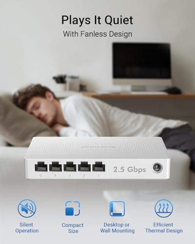 BrosTrend 5-Port 2.5G Ethernet Switch Unmanaged Ethernet Connectivity with 5 RJ45 Ports 2.5 Gbps Data Rate Desktop/Walls Mountable