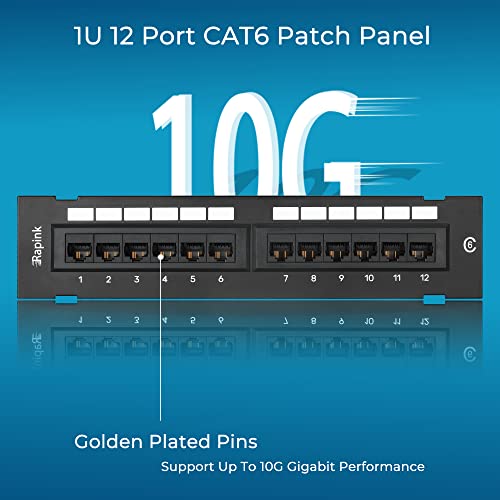 Rapink 12 Port Cat6 Patch Panel 10G Support Network Patch Panel UTP 10-Inch Wall Mount 1U