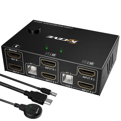 MLEEDA KVM Switch 2-Port HDMI 4K @60Hz Dual Monitor Controller Model KC-KVM202-B
