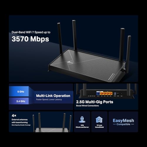 TP-Link Archer BE230 Dual-Band Wi-Fi 7 Router | 4 Antennas | 2882 Mbps | 5x Ports, USB | Ethernet, Wi-Fi | Home Networking