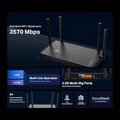 TP-Link Archer BE230 Dual-Band Wi-Fi 7 Router | 4 Antennas | 2882 Mbps | 5x Ports, USB | Ethernet, Wi-Fi | Home Networking