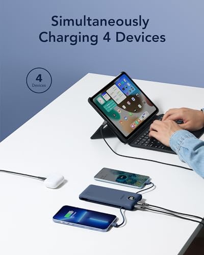 VEGER 10000mAh V1115 Power Bank - Slim Design with Built-in AC Plug - 4 Port Charger - Lithium Polymer - Navy