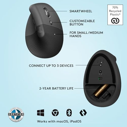 Logitech Lift Vertical Ergonomic Mouse 910-006466 Wireless Bluetooth Optical 4000 DPI Right-Handed