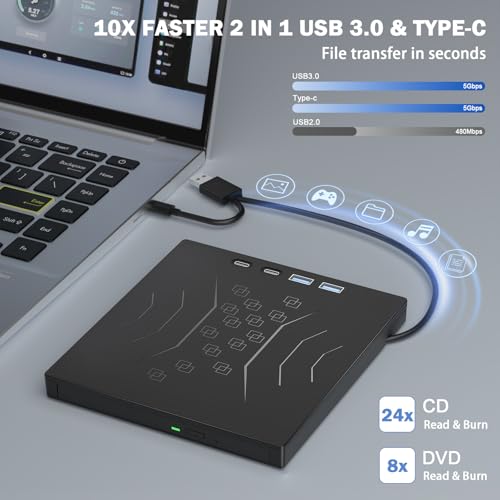 Wbacon 7 in 1 External DVD Drive USB 3.0 Type-C Lightweight Portable
