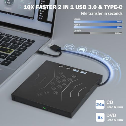Wbacon 7 in 1 External DVD Drive USB 3.0 Type-C Lightweight Portable