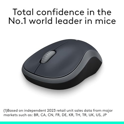 Logitech Wireless Mouse M185, 2.4GHz USB Receiver, 1000 DPI, Optical, Ambidextrous, Swift Grey, 30g